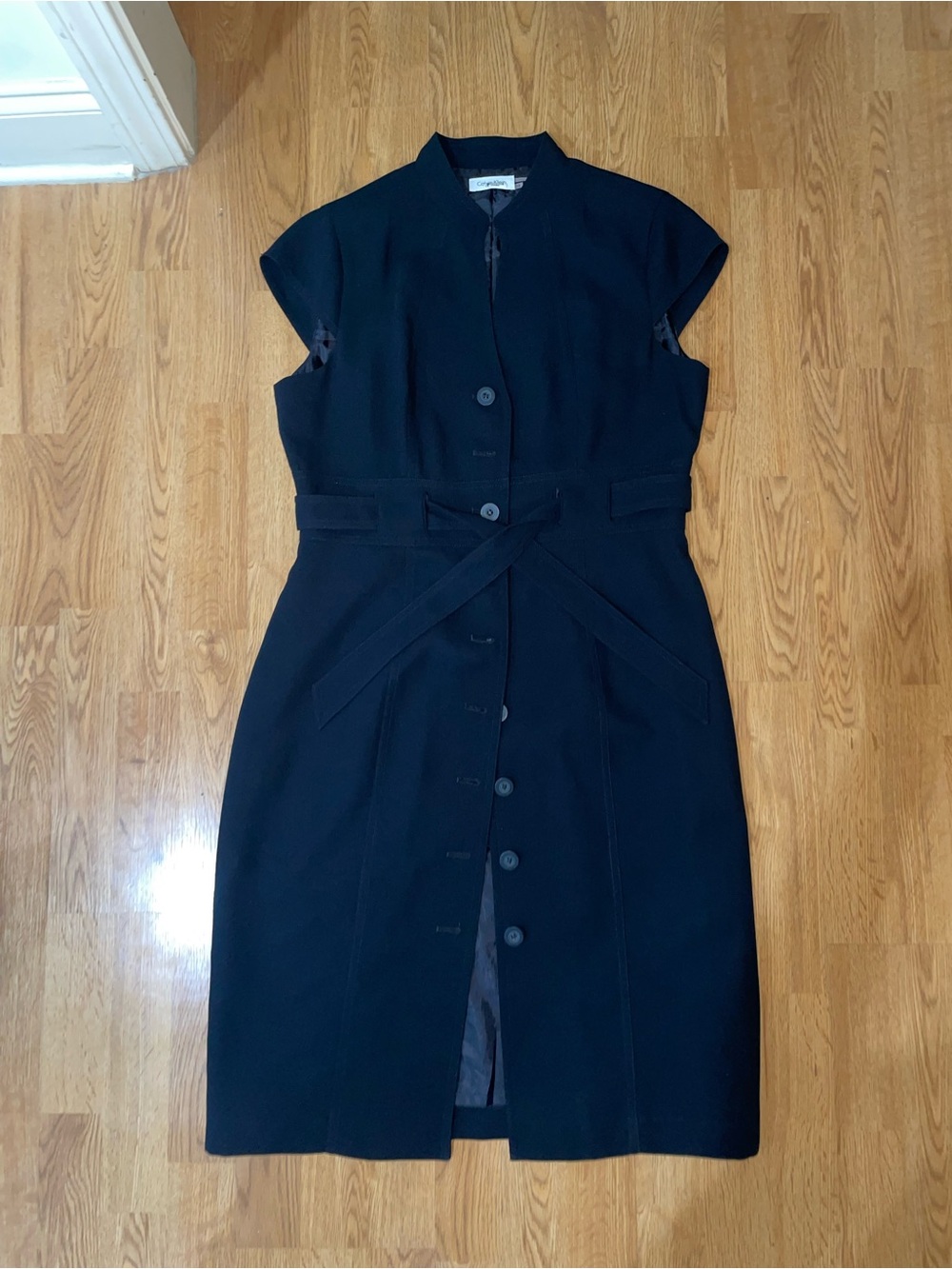 Calvin Klein Black Cap-Sleeve Button-Front Midi Dress with Waist Tie